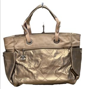 Authentic Chanel Biarritz  Tote Bag  Gold Coated Canvas Used Condition